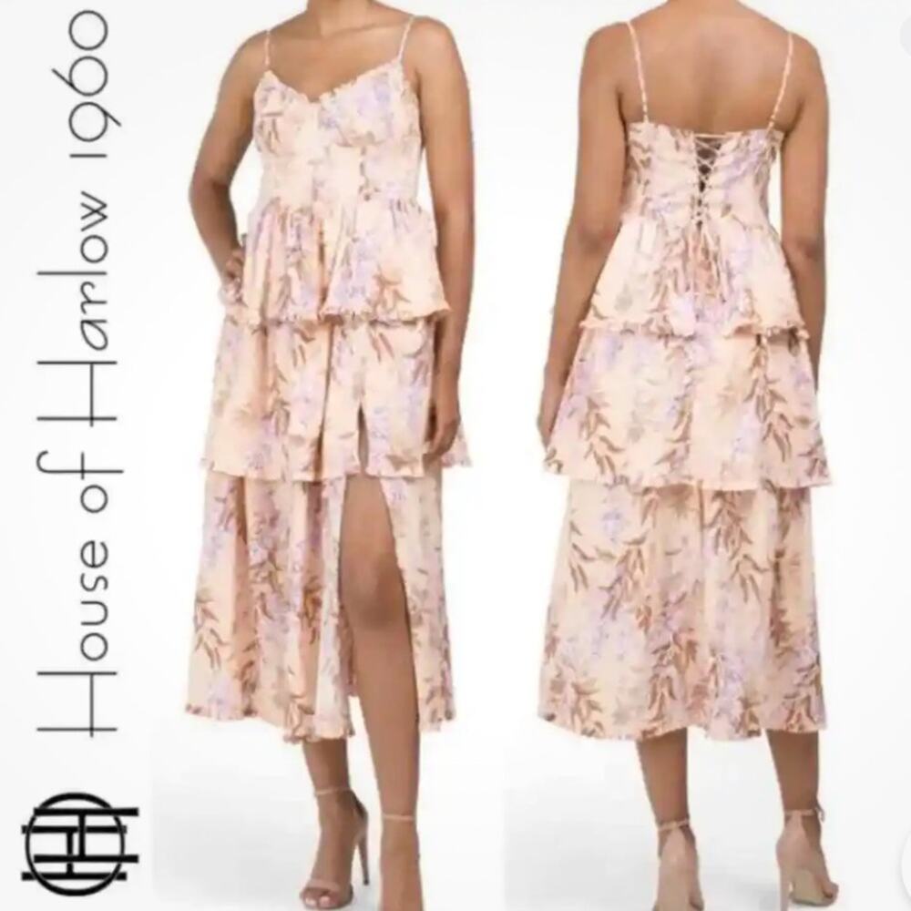 House of Harlow Linen Bustier Lace-up-back Tiered Maxi Dress Sz XS sexy regency
